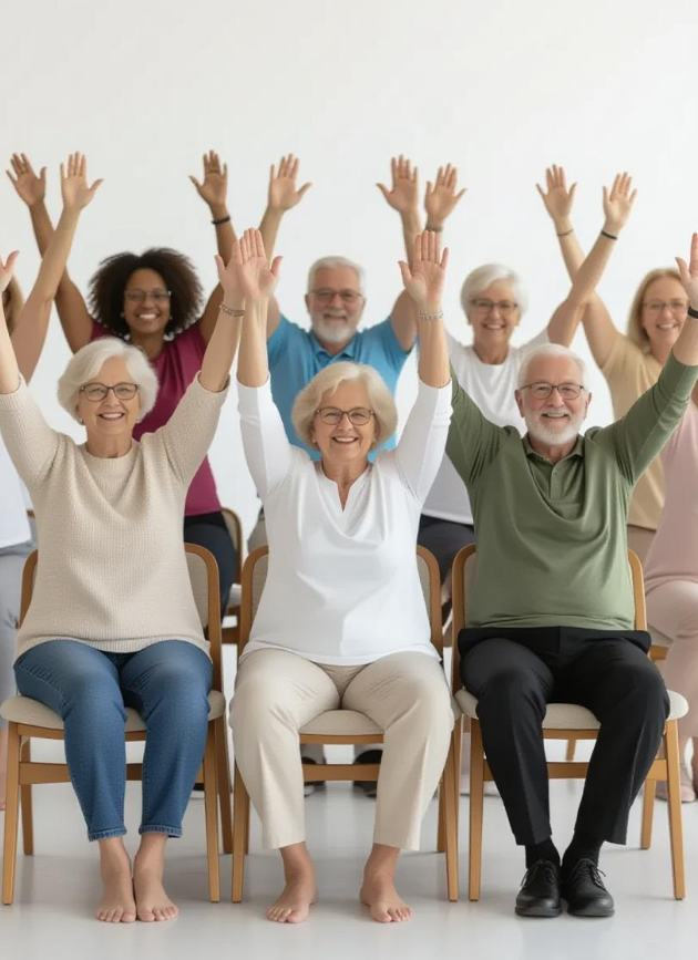 Gruppe übt Tripada® Yoga auf dem Stuhl